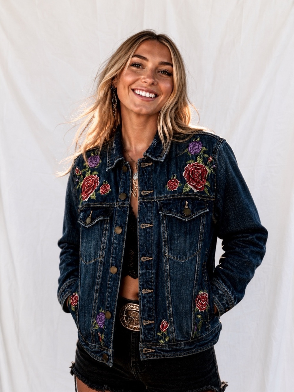Blank NYC Embroidered Rose Denim Jacket - Blue with Red & Purple Floral Size Med